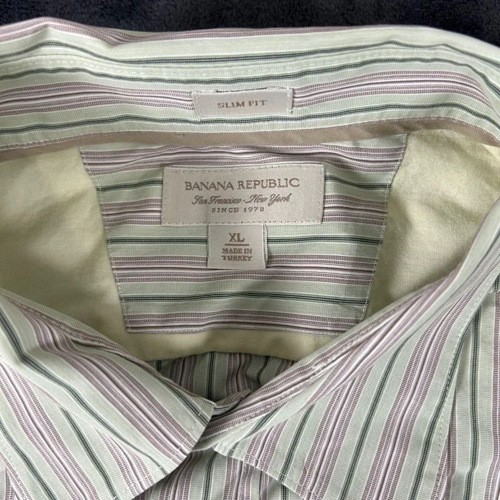 Banana Republic Button Down Shirt Mens XL Green Striped Slim Fit Long Sleeve